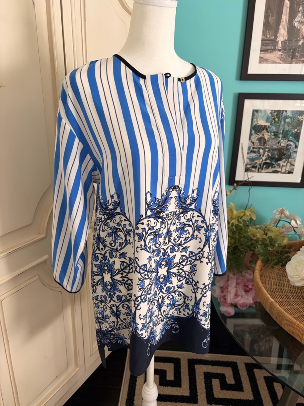 Adrienne Vittadini Blue & White Striped and Floral Print Women's Tunic Top
